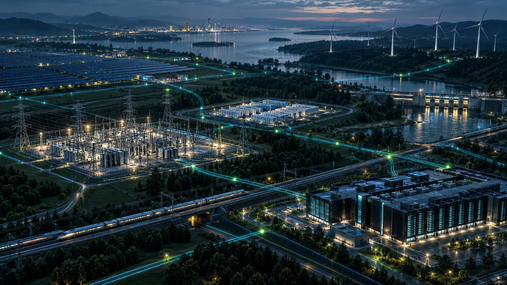 Konzeptionelle Darstellung vernetzter Energie-, Verkehrs-, Speicher- und Rechenzentrumsinfrastruktur