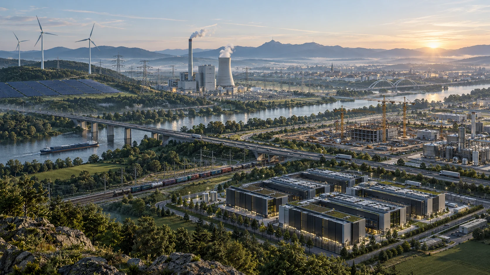 Konzeptionelle Landschaft aus Energie-, Industrie-, Bau-, Logistik- und digitaler Infrastruktur